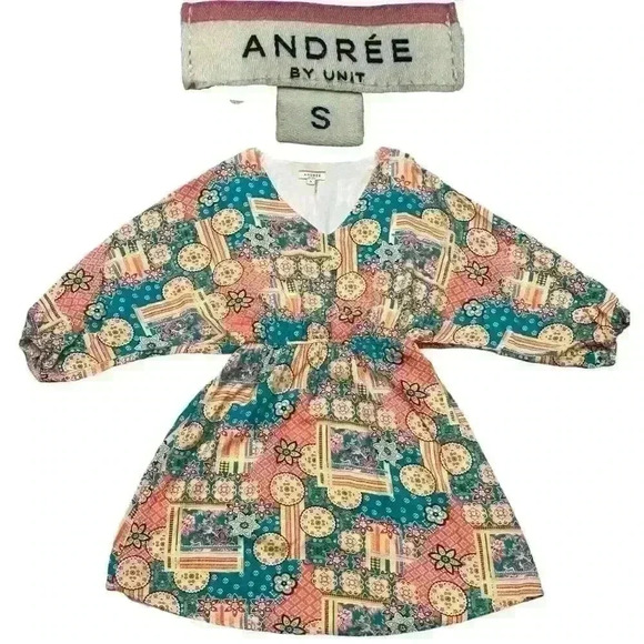 Andree By Unit Patchwork Geometric Print Elastic Waist Boho Dress Womens Sz S - Picture 1 of 9